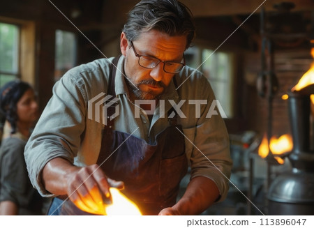 Blacksmith Forging Metal in Workshop 113896047