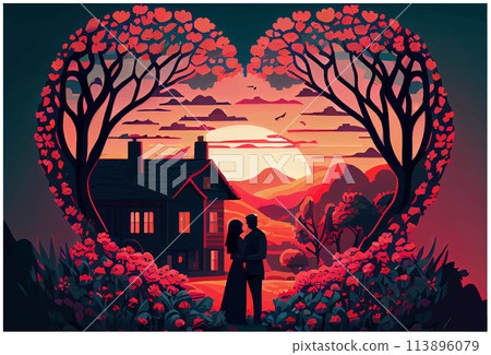 sticker cartoon style couple in love at heart frame at sunset background 113896079
