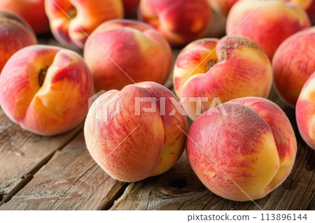 Fresh peaches with a soft fuzz on their skin, arrayed on a rustic wooden surface 113896144