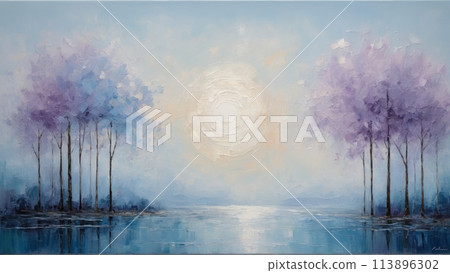 Misty Trees and Reflective Lake 113896302