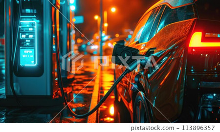 Electric car plugged in with charging station to recharge battery with electricity by EV charger cable in dark blue futuristic cyberpunk city night Electric car plugged in with charging station to recharge battery with electricity by EV charger cable in dark blue futuristic cyberpunk city night 113896357
