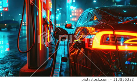 Electric car plugged in with charging station to recharge battery with electricity by EV charger cable in dark blue futuristic cyberpunk city night Electric car plugged in with charging station to recharge battery with electricity by EV charger cable in dark blue futuristic cyberpunk city night 113896358