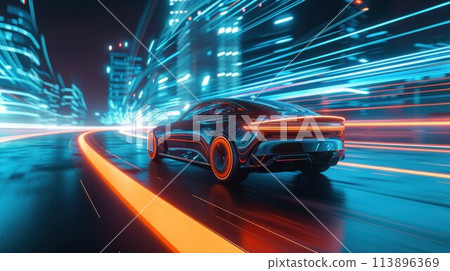 The electric car is moving at high speed on the night road in the city. Side camera 113896369