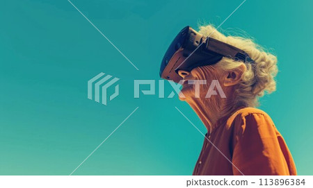 Elderly female in vr glasses and headphones exploring cyberspace 113896384