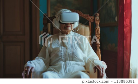 Elderly female in vr glasses and headphones exploring cyberspace Elderly female in vr glasses and headphones exploring cyberspace 113896391