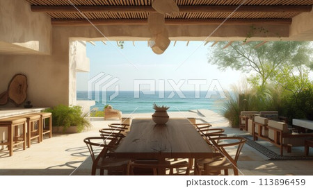 Modern, luxury home showcase living room and dining room open to ocean view at dusk 113896459