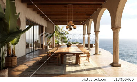 Modern, luxury home showcase living room and dining room open to ocean view at dusk 113896460