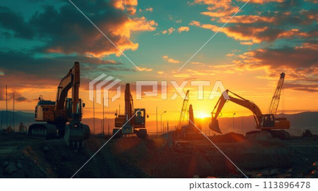 Crawler excavators silhouette are digging the soil in the construction site at sunset background Crawler excavators silhouette are digging the soil in the construction site at sunset background 113896478