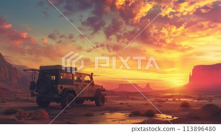 SUV offroad adventure in the red desert on the sand dune 113896480
