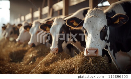 Row of cows standing by edge of large paddock inside contemporary animal farm and looking at camera while eating 113896503