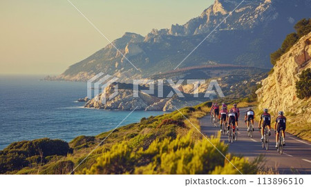 Group of cyclist ride together on road bicycles in beautiful nature. Sunset light, sea in background Group of cyclist ride together on road bicycles in beautiful nature. Sunset light, sea in background 113896510