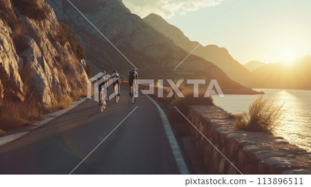 Group of cyclist ride together on road bicycles in beautiful nature. Sunset light, sea in background Group of cyclist ride together on road bicycles in beautiful nature. Sunset light, sea in background 113896511