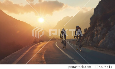 Group of cyclist ride together on road bicycles in beautiful nature. Sunset light, sea in background Group of cyclist ride together on road bicycles in beautiful nature. Sunset light, sea in background 113896514