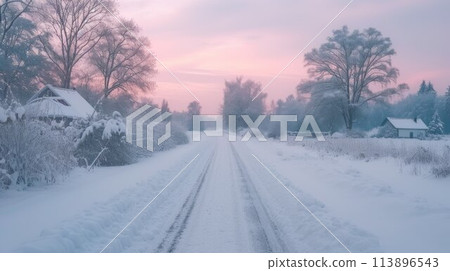 Snow-covered country road through the fields after a blizzard at sunset. Old rustic house in the background. Winter rural scene. Dramatic sky, colorful cloudscape 113896543