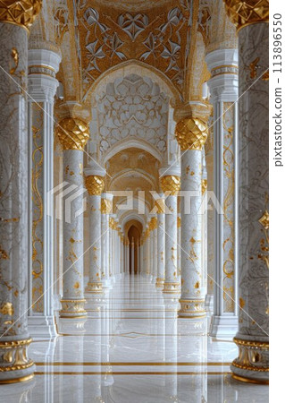 Decorated mosque marble columns on the top with like golden palm in corridor without people inside Decorated mosque marble columns on the top with like golden palm in corridor without people inside 113896550