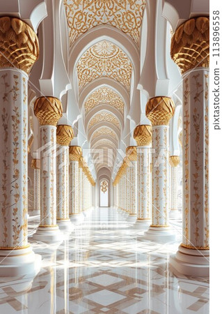 Decorated mosque marble columns on the top with like golden palm in corridor without people inside Decorated mosque marble columns on the top with like golden palm in corridor without people inside 113896558