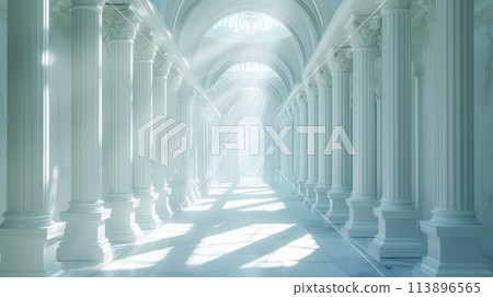Columns and ceiling made of stone and tiles. Beautiful place with colonnade filled with bright sunlight. Building with colonnade. Old temple or palace 113896565