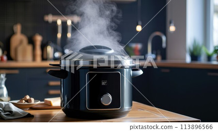Modern multi cooker and empty plates on table in kitchen 113896566