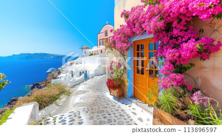 Colorful pretty pink Bougainvillea blooming with white and yellow buildings Colorful pretty pink Bougainvillea blooming with white and yellow buildings 113896597