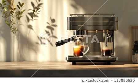 Modern coffee machine pouring milk into glass cup on countertop in kitchen 113896620