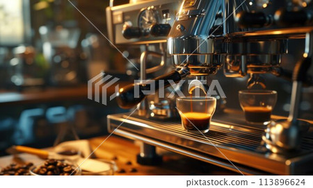 Modern coffee machine pouring milk into glass cup on countertop in kitchen 113896624