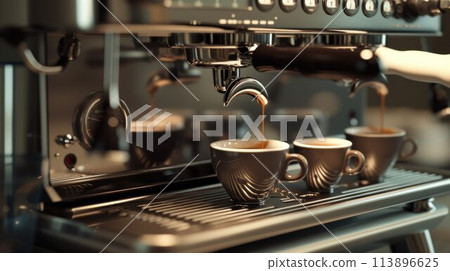Modern coffee machine pouring milk into glass cup on countertop in kitchen 113896625
