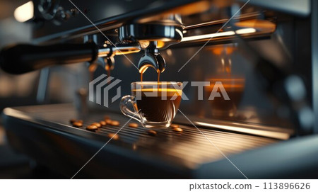 Modern coffee machine pouring milk into glass cup on countertop in kitchen 113896626