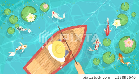 Chinese man swimming on boat in river with koifish 113896646