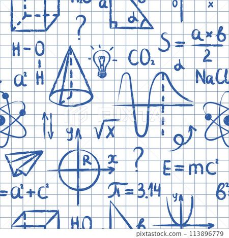 Hand drawn educational objects on checkered sheet seamless pattern. Different math, chemistry, physics formulas and graphs Hand drawn educational objects on checkered sheet seamless pattern. Different math, chemistry, physics formulas and graphs 113896779