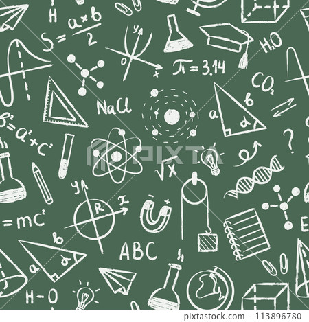 Hand drawn chalk imitation educational objects seamless pattern on green background. Different math, chemistry, physics formulas, graphs and other stuff Hand drawn chalk imitation educational objects seamless pattern on green background. Different math, chemistry, physics formulas, graphs and other stuff 113896780