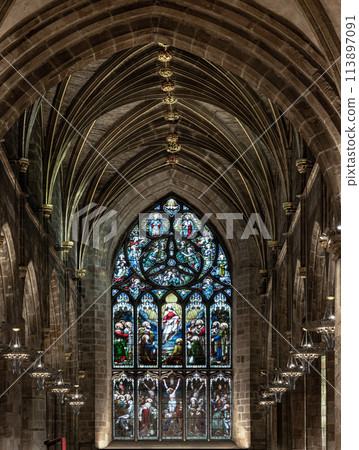 Beautiful Glass stained window inside of The thistle chapel in St Giles' Cathedral or the High Kirk. 113897091