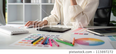 Woman graphic designer working in home office. Artist creative designer illustrator graphic skill concept 113897272