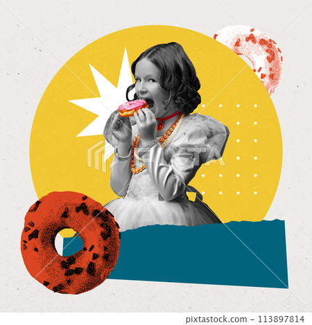 Poster. Little girl, dressed as royal person, princess eating modern sweet donut against background with abstract shapes. Textured effect. 113897814