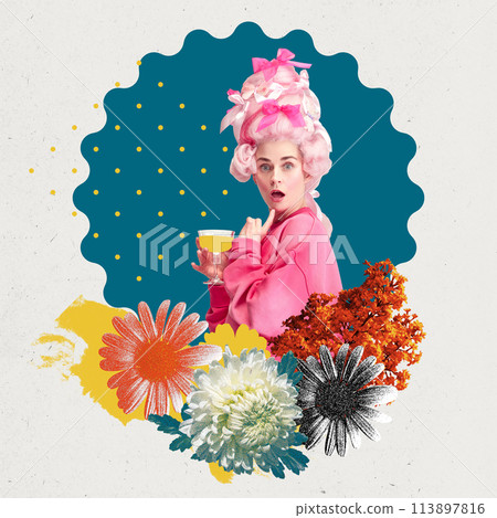 Poster. Surprised woman dressed as medieval royal person drinks cocktail against background with floral and abstract elements. Textured effect. Poster. Surprised woman dressed as medieval royal person drinks cocktail against background with floral and abstract elements. Textured effect. 113897816