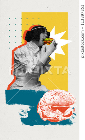 Poster. Man dressed as woman eating street food, delicious hamburger against abstract colorful background. Textured effect. Poster. Man dressed as woman eating street food, delicious hamburger against abstract colorful background. Textured effect. 113897853