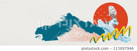 Banner. Young woman dressed as medieval person eating ice-cream against background with colorful splashes. Summer mood. 113897946