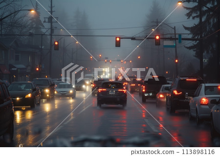 The street full of cars in the evening rainy weather 113898116