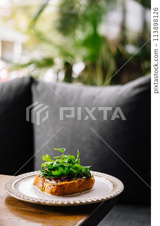 Gourmet open-faced sandwich on a garden patio 113898126