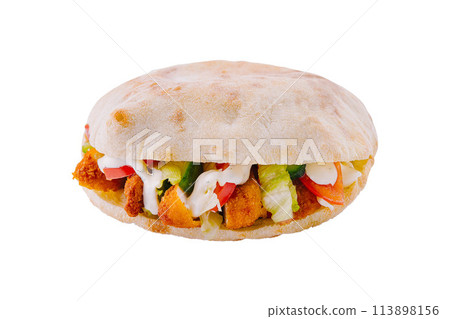 Fresh chicken shawarma sandwich isolated on white Fresh chicken shawarma sandwich isolated on white 113898156
