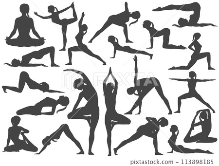 Yoga poses Illustration set of silhouettes of women doing yoga 113898185
