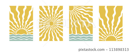 Boho groovy beach sun sea. Surf club vacation and sunny summer day aesthetic. Vector illustration background in trendy retro naive simple style. Pastel yellow blue braun colors. Boho groovy beach sun sea. Surf club vacation and sunny summer day aesthetic. Vector illustration background in trendy retro naive simple style. Pastel yellow blue braun colors. 113898313