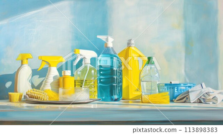 Cleaning set for different surfaces in kitchen, bathroom and other rooms. Empty place for text or logo 113898383