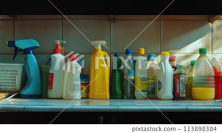 Cleaning set for different surfaces in kitchen, bathroom and other rooms. Empty place for text or logo 113898384