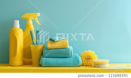 Cleaning set for different surfaces in kitchen, bathroom and other rooms. Empty place for text or logo. Bright yellow background. Spring regular cleanup. Front view. Cleaning set for different surfaces in kitchen, bathroom and other rooms. Empty place for text or logo. Bright yellow background. Spring regular cleanup. Front view. 113898391