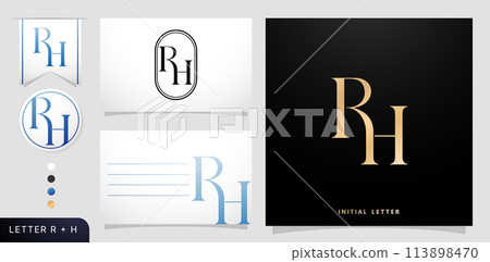 a set of business cards with the letter RH, Luxury Initial Letters R and H Logos Designs in Blue Colors for branding ads campaigns, letterpress, embroidery, covering invitations, envelope sign symbols a set of business cards with the letter RH, Luxury Initial Letters R and H Logos Designs in Blue Colors for branding ads campaigns, letterpress, embroidery, covering invitations, envelope sign symbols 113898470