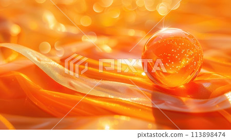 Crystal sphere with orange ribbon on orange background. Crystal sphere with orange ribbon on orange background. 113898474