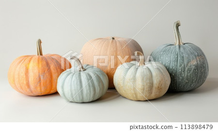 Pastel-colored pumpkins on a textured white backdrop. 113898479