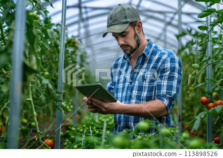 Farmer with beard using tablet in greenhouse. Agricultural technology concept for design and print 113898526