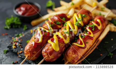 Corn dog with mustard on stick in black bowl on wooden background. Corn dog with mustard on stick in black bowl on wooden background. 113898528