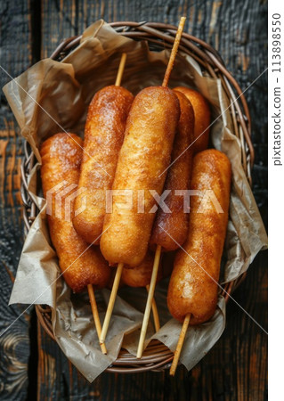 Corn dogs on sticks in a basket with a grey cloth. 113898550